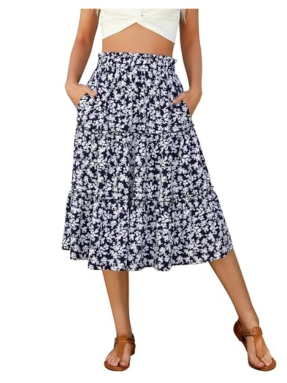 Women's A-Line Tiered Midi Skirt with Pockets High Waist Boho Ruffle Flowy